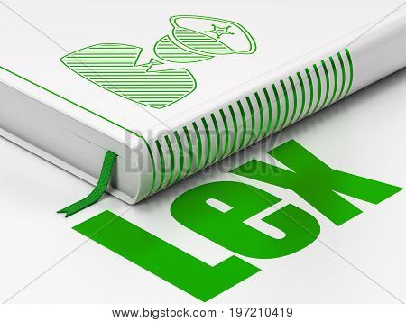 Law concept: closed book with Green Police icon and text Lex on floor, white background, 3D rendering