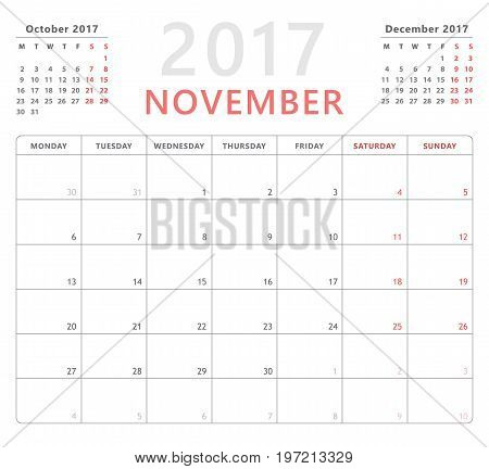 Calendar Planner 2017 November, Week Starts Monday, Vector Design Template