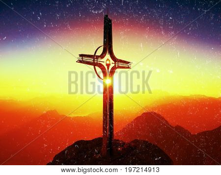 Film Effect. Lens Flare Light, Strong Effect.  Cross On Peak Of Hoher Goell. Iron Crucifix At Mounta