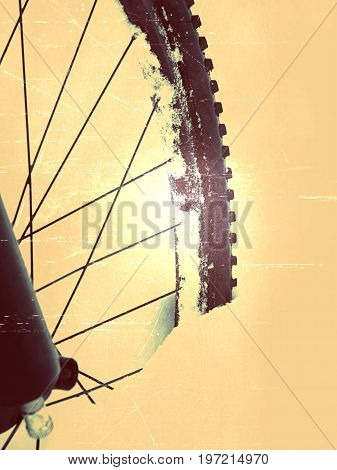 Film Effect. The Front Wheel Of Mountain Bike Stay In Powder Snow. Lost Path Under Deep Snowdrift. S