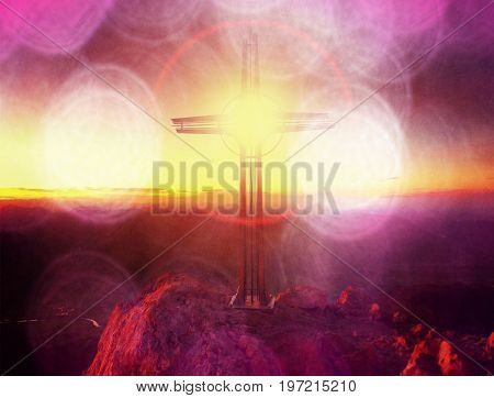 Film Effect. Lens Flare Light, Strong Effect.  Cross On Peak Of Hoher Goell. Iron Crucifix At Mounta