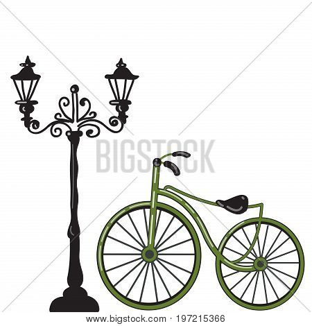Bicycle and street lamp on white background. Vector illustration.