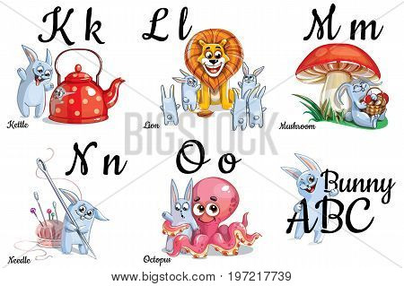Vector bunny alphabet letters for children education with funny cartoon pictures. Isolated. Learn to read.