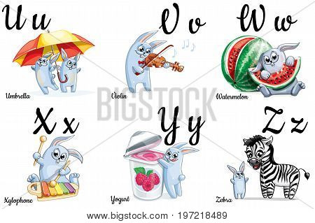 Vector bunny alphabet letters for children education with funny cartoon pictures. Isolated. Learn to read.