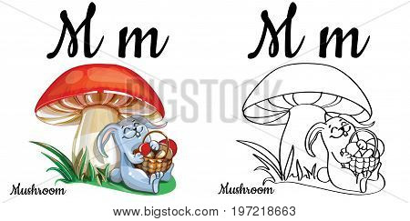 Vector alphabet letter M for children education with funny cartoon mushroom and bunny. Isolated. Learn to read. Coloring page.