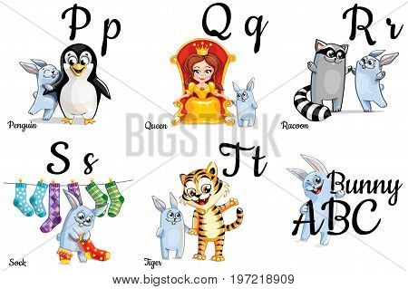 Vector bunny alphabet letters for children education with funny cartoon pictures. Isolated. Learn to read.