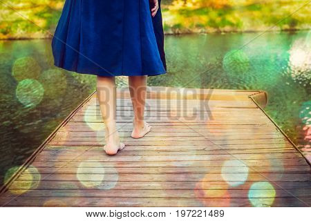 Teenager Girl Making A Step Bootlessly On The Wooden Pier And Moving Forward To The Water, New Oppor