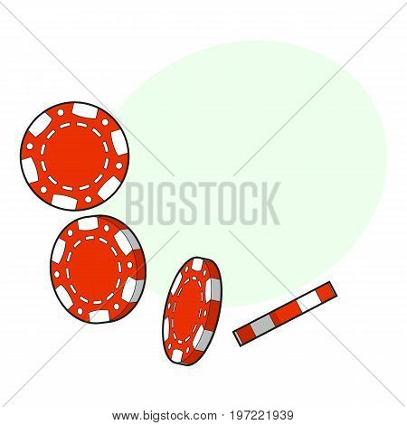 Set of falling red gambling, casino, poker chips, sketch style vector illustration with space for text. Gambling chips falling down on white background