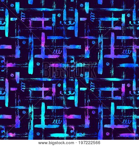 seamless pattern brush stripes plaid. Blue color on violet background. Hand painted grange texture. Ink geometric elements. Fashion modern style. Endless fantasy plaid fabric print Watercolor.