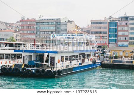 Istanbul, June 15, 2017: Passenger ferry in the port in Stabul, Turkey. Transportation of passengers by sea. Tourism