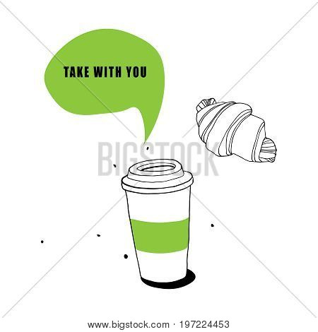Coffee to go and croissant on a white background. Vector illustration.