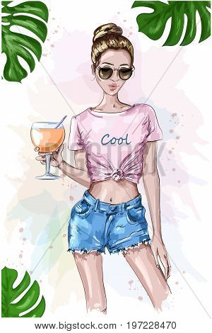 Cute stylish girl in crop top. Summer look. Fashion woman holding cocktail drink glass. Sketch. Summer set with green leaves. Vector illustration.