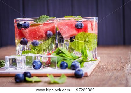 Refreshing drink with min,twater melon and blueberry for health life