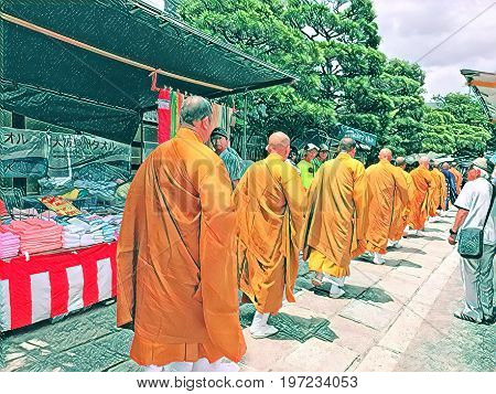 Digital painting of monks wearing orange walking in a line to Toji Temple.