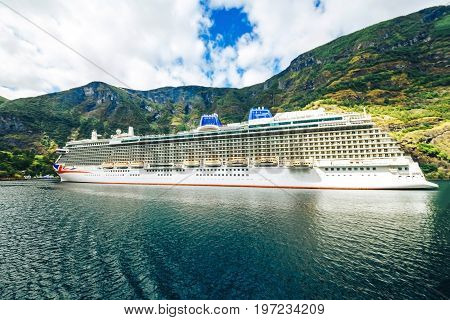 Large Cruise ship in the port of Flam, Norway.