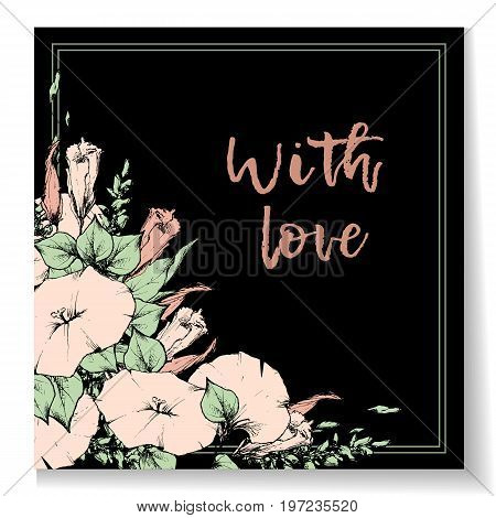 Retro vintage postcard, card or business card with flower bindweed. Hand drawing. Vector illustration.
