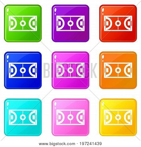 Futsal or indoor soccer field icons of 9 color set isolated vector illustration