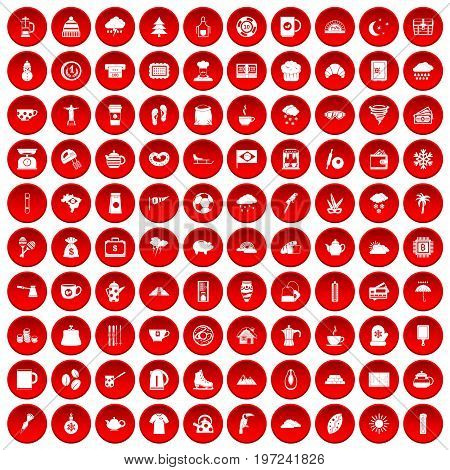 100 coffee cup icons set in red circle isolated on white vectr illustration