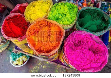 Colorful powder for sale on the festive occassion of holi in india.