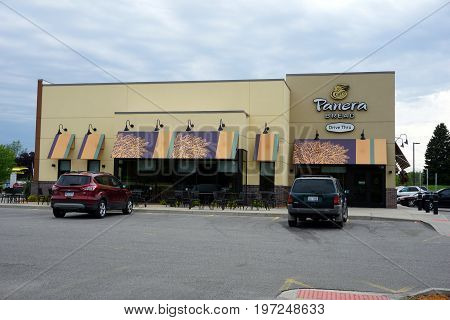 BIG RAPIDS, MICHIGAN / UNITED STATES - MAY 22, 2017: Panera Bread offers soups, salads, pasta, sandwiches, specialty drinks, and bakery items on State Street.