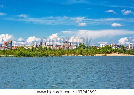 Novosibirsk Siberia Russia - July 17 2017: a view of the river Ob and the Novosibirsk side Bugrinskij beach