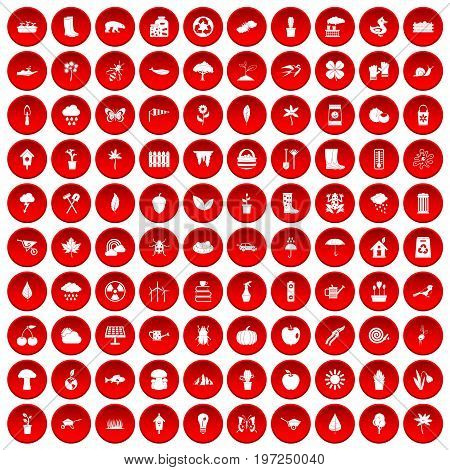 100 garden stuff icons set in red circle isolated on white vector illustration