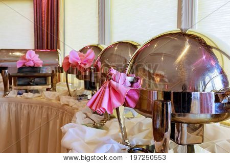 Buffet Heated Trays Standing In Line Ready For Service. Restaurant, The Hotel Restaurant.