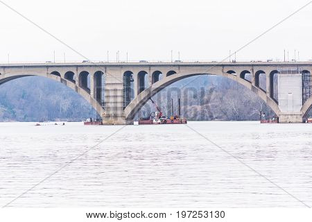 Washington Dc, Usa - March 20, 2017: Closeup Of Potomac River Key Bridge With Construction