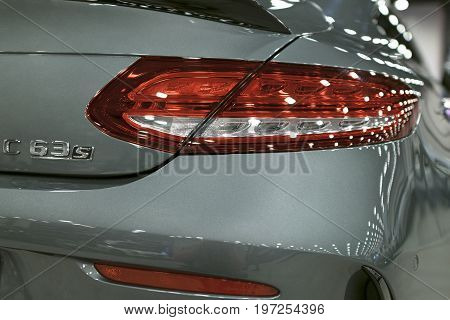 Sankt-Petersburg Russia July 21 2017: Back view of a Mercedes Benz C 63s AMG coupe 2017. Rear light. Car exterior details. Photo Taken at Royal Auto Show July 21