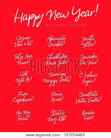 Inscription Happy New Year in different languages. Vector illustration on a red background. Elements for design. Concept festive greeting card. Lettering and calligraphy. Set of phrases in a stylish font.