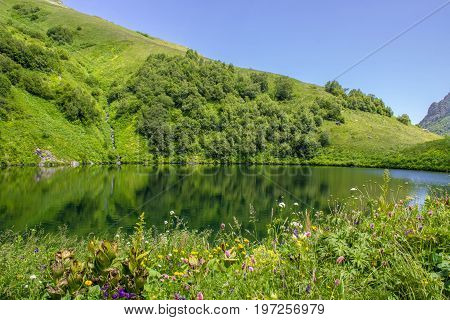 Lake valley of Dzitaku in the mountains of the Caucasian range, Krasnaya Polyana, Sochi, Russia
