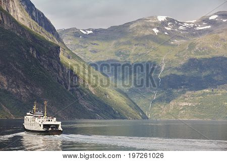 Norwegian fjord landscape. Hellesylt Geiranger cruise travel. Tourism