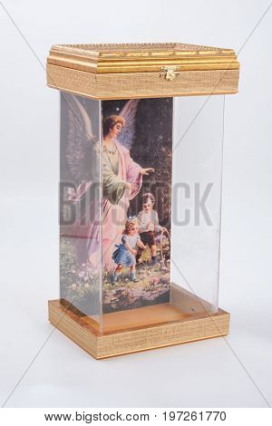 Gomel, Belarus - 28 July 2017: Transparent Light Urn For Donations From Plexiglass And Plastic Bague