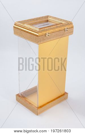 Gomel, Belarus - 28 July 2017: Transparent Light Urn For Donations From Plexiglass And Plastic Bague