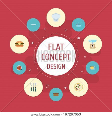 Flat Icons Electric Stove, Loaf, Silverware And Other Vector Elements