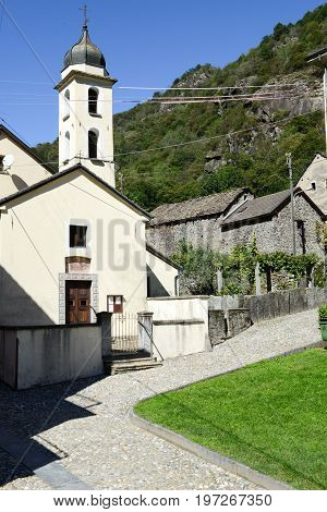 Giornico, Switzerland - 8 June 2015: Church and houses at Giornico on Leventina valley Switzerland