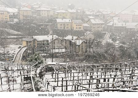 The Village Of Giornico Under Snowfall In Leventina Valley