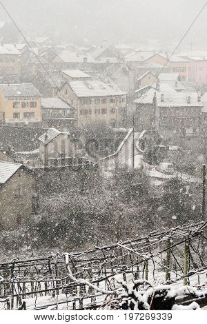 The Village Of Giornico Under Snowfall In Leventina Valley