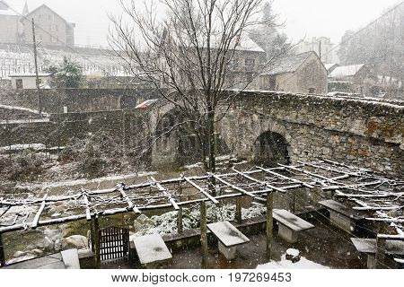 Roman Bridge At Giornico Onder Snow On Leventina Valley