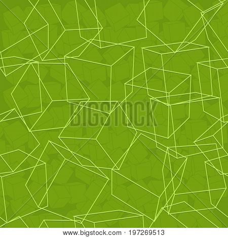 Cube abstract seamless background pattern with chaotically located cubes in linear style on green fond vector illustration