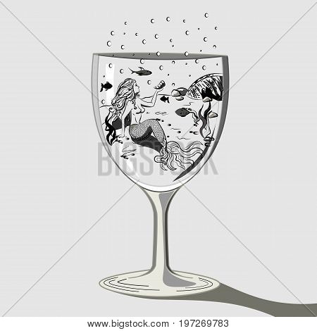 Mermaid in a glass fantasy contour drawing