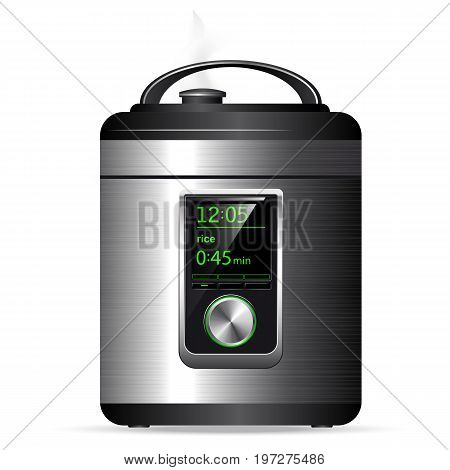 Modern Metal Multicooker. Pressure Cooker For Cooking Food Under Pressure. Electronic Control. Side