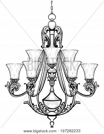 Rich Baroque Classic chandelier. Luxury decors accessory design. Vector illustration sketch