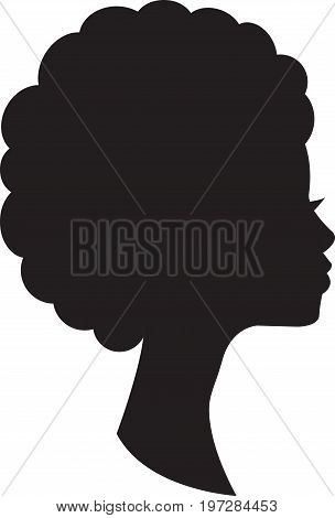 Head in profile of african woman on white background.