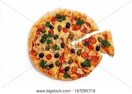 Sliced home-made pizza. Isolated on white background.