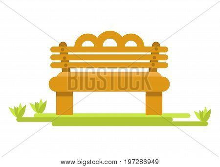 Specious bench of light wood on thick legs and green piece of fresh grass isolated cartoon flat vector illustration on white background. Simple exterior furniture for parks and public places.