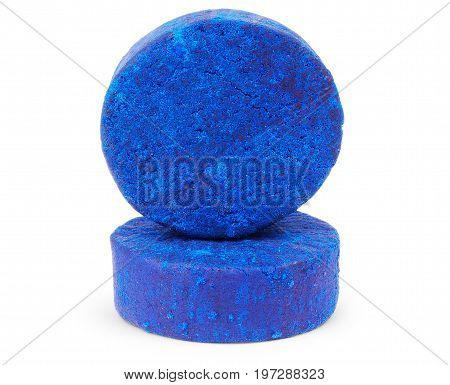 Blue soluble toilet cistern cleaning blocks studio isolated