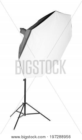 A professional metal octobox, isolated on a white background. The black octobox in a form of umbrella. Equipment for photographers. The huge and tall octobox.
