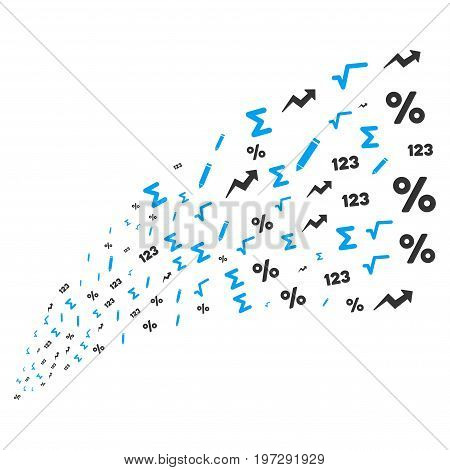 Fountain of math symbols icons. Vector illustration style is flat blue and gray iconic math symbols on a white background. Object fountain constructed from symbols.