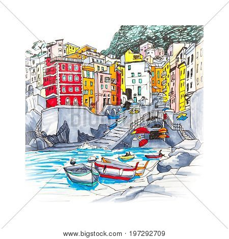 Colorful fishing boats and funny houses in Riomaggiore harbour in Five lands, Cinque Terre National Park, Liguria, Italy. Picture made markers